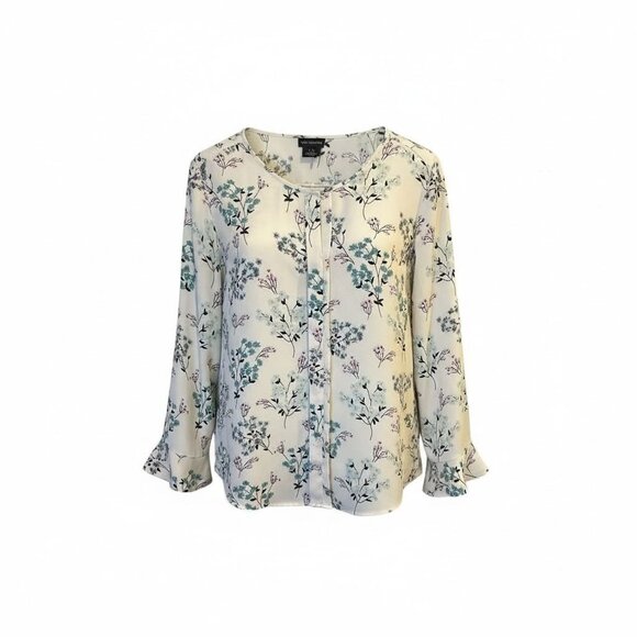 Van Heusen Womens Floral Long Sleeve Blouse Size L Cream & Blue - Picture 2 of 7